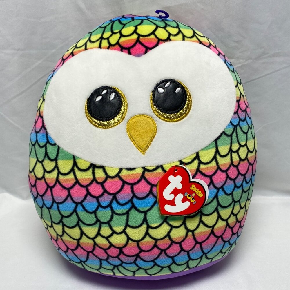 Ty Squish-A-Boos Owen Owl Plush 10" Rainbow Scales Toy